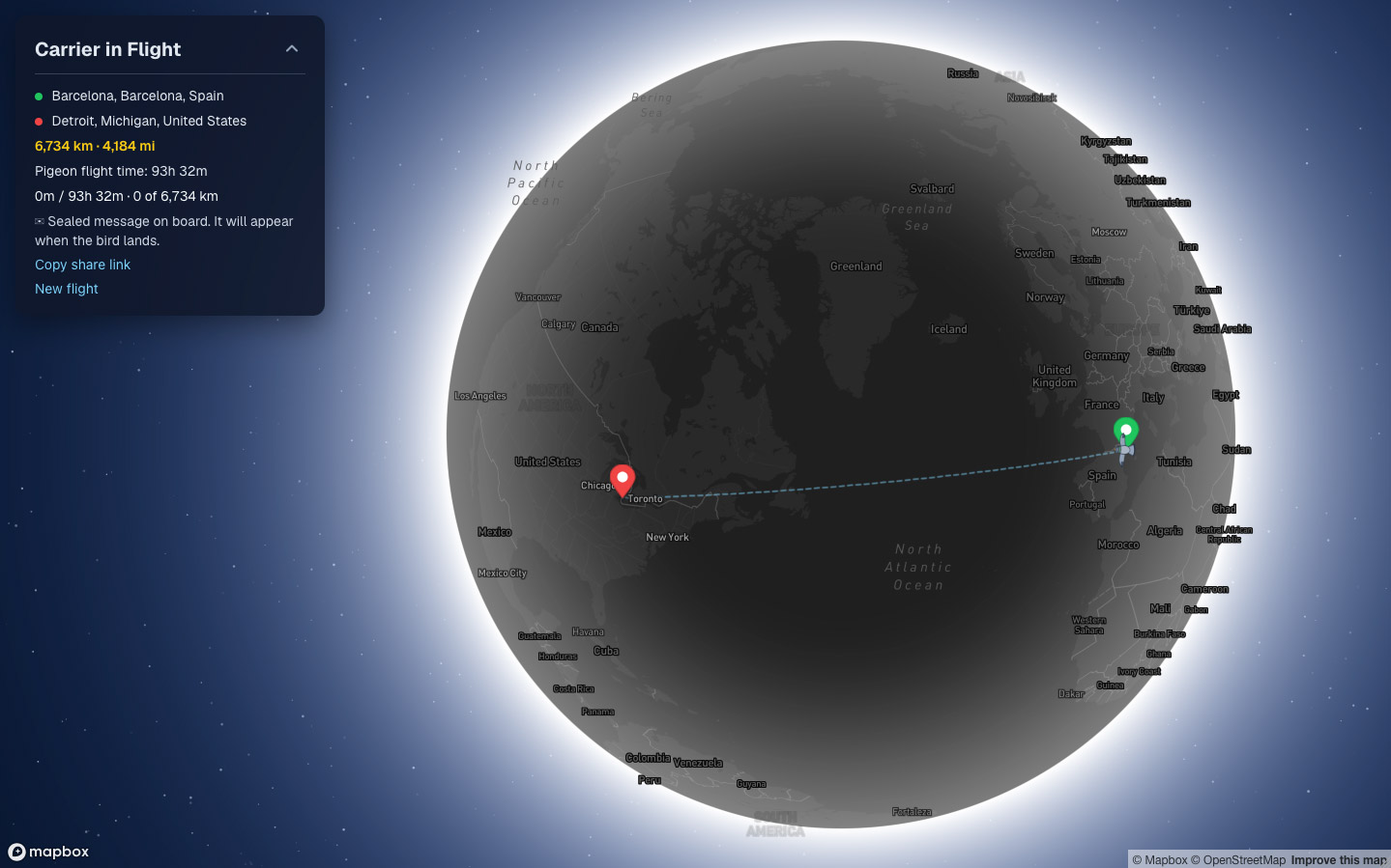 Screenshot of Carriers: a dark globe seen from space with a dashed flight path from Barcelona to Detroit, beside a panel showing 6,734 km, a 93-hour pigeon flight time and a sealed message on board