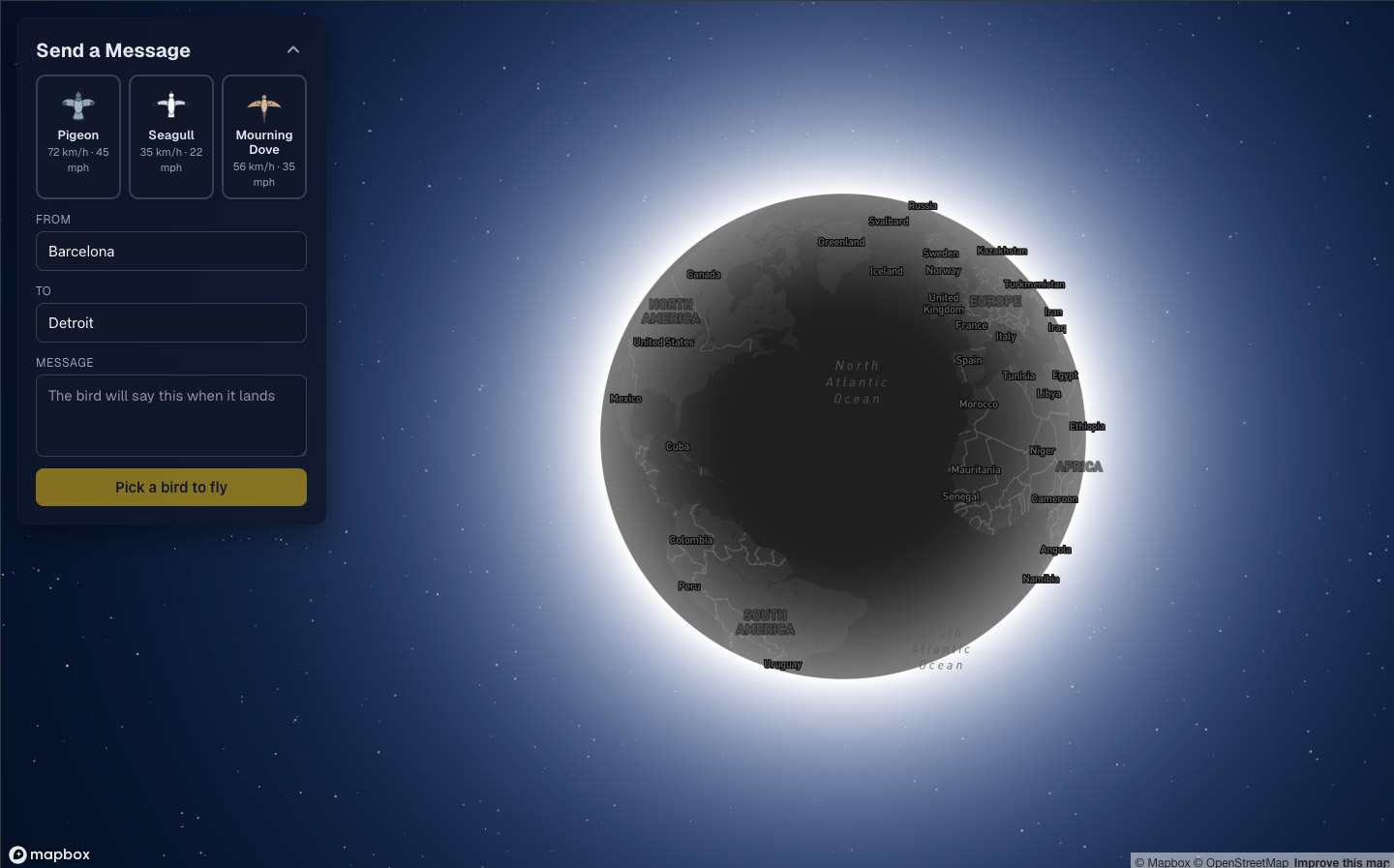Screenshot of the Carriers 'Send a Message' panel, with tiles to choose a pigeon, seagull or mourning dove, From and To fields set to Barcelona and Detroit, and a message box, beside a dark globe