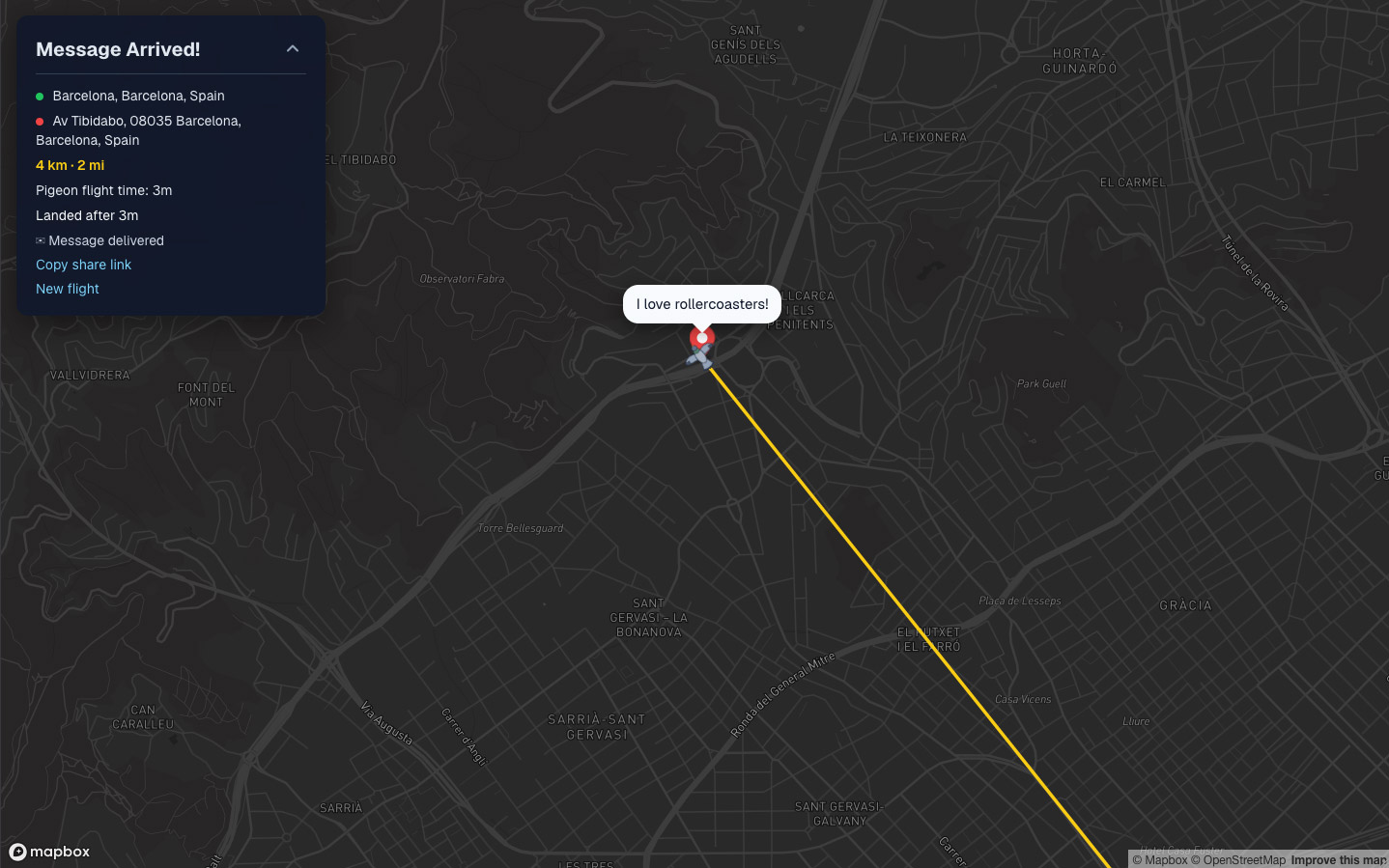 Screenshot of a pigeon landed at its destination pin in Barcelona with a speech bubble reading 'I love rollercoasters!', beside a panel headed 'Message Arrived!'
