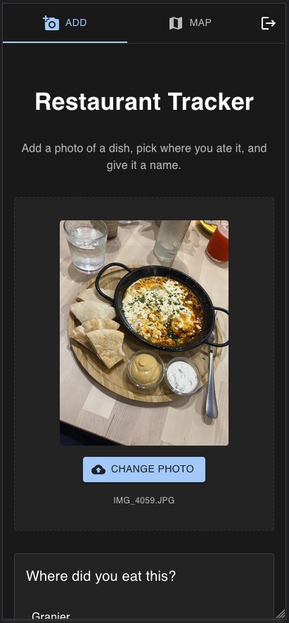 Screenshot of the Add tab, reading 'Add a photo of a dish, pick where you ate it, and give it a name', with a photo of shakshuka, pita and dips selected and a list headed 'Where did you eat this?' below