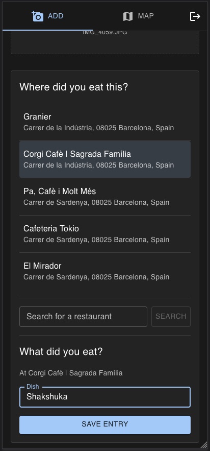 Screenshot of nearby restaurants found from the photo's location, with Corgi Cafè | Sagrada Família selected, a search box, and the dish named 'Shakshuka' above a Save Entry button