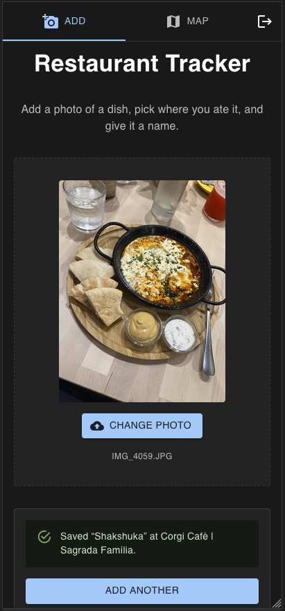 Screenshot of the Add tab after saving, confirming 'Saved “Shakshuka” at Corgi Cafè | Sagrada Família' above an Add Another button