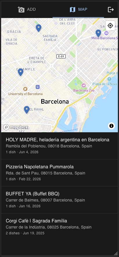 Screenshot of the Map tab: pins on a street map of Barcelona above a list of places, each with its address, number of dishes and date of the last visit