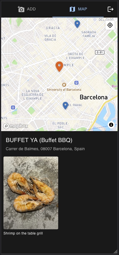 Screenshot of one place selected on the map, BUFFET YA (Buffet BBQ), with its address and a photo of grilled prawns captioned 'Shrimp on the table grill'