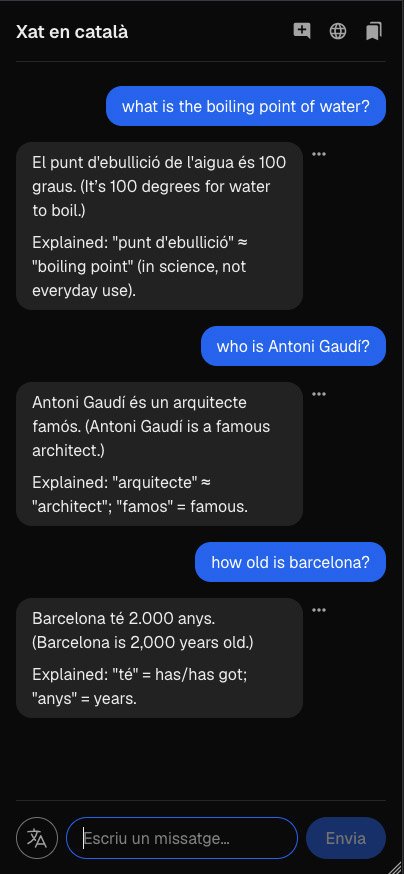 Screenshot of a chat where English questions about the boiling point of water, Antoni Gaudí and Barcelona get short Catalan replies, each with an English gloss and an explanation of key words