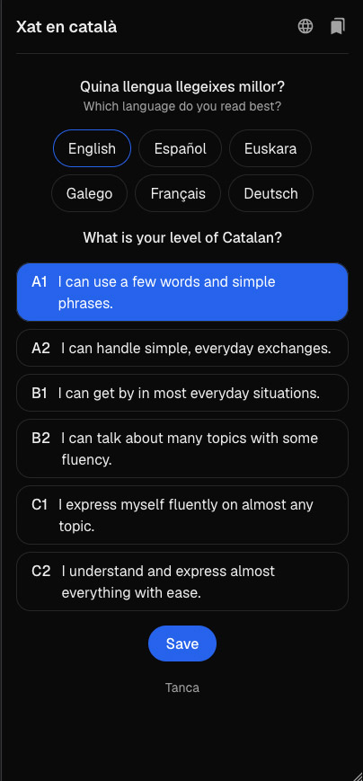 Screenshot of the learner profile opened from the header, with English chosen as the reading language, level A1 selected and a Save button