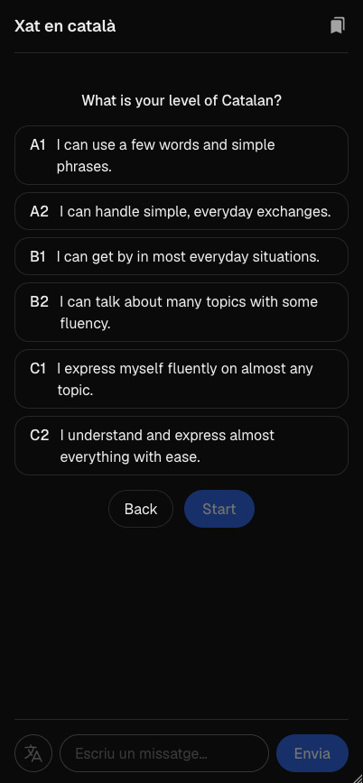 Screenshot of the second question, 'What is your level of Catalan?', listing levels A1 to C2 with a one-line description of each, above Back and Start buttons