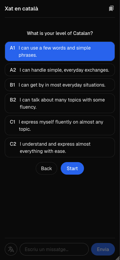 The same level question with A1, 'I can use a few words and simple phrases', selected and the Start button enabled