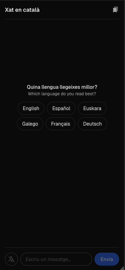 Screenshot of the first onboarding question, 'Quina llengua llegeixes millor? Which language do you read best?', with buttons for English, Español, Euskara, Galego, Français and Deutsch